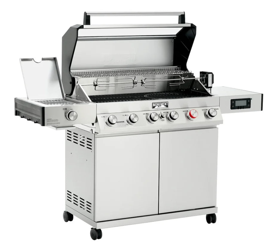 Monument Grills Denali Series D605 Pro Gas Grill, premium stainless steel construction, 6 high-output burners, ceramic infrared sear burner, up to 700°F heat output in 10 minutes.