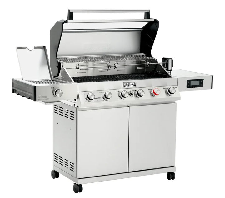 Monument Grills Denali Series D605 Pro Gas Grill, premium stainless steel construction, 6 high-output burners, ceramic infrared sear burner, up to 700°F heat output in 10 minutes.