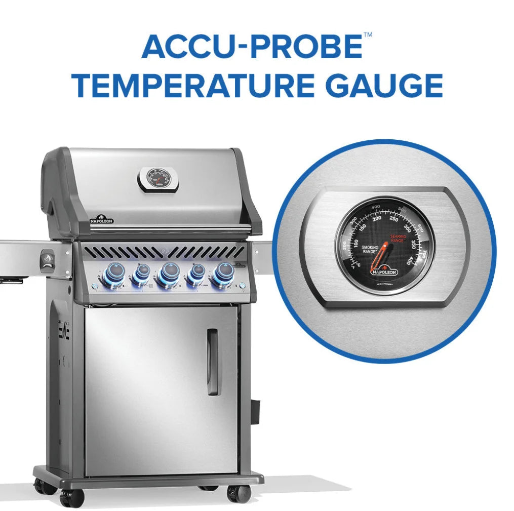Napoleon Rogue PRO-S 425 RSIB with Infrared Side and Rear Burner: Compact stainless steel grill featuring five burners, including SIZZLE ZONE infrared side burner for intense searing heat and rear rotisserie burner for even roasting.
