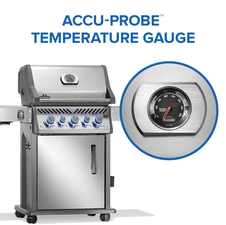 Napoleon Rogue PRO-S 425 RSIB with Infrared Side and Rear Burner: Compact stainless steel grill featuring five burners, including SIZZLE ZONE infrared side burner for intense searing heat and rear rotisserie burner for even roasting.