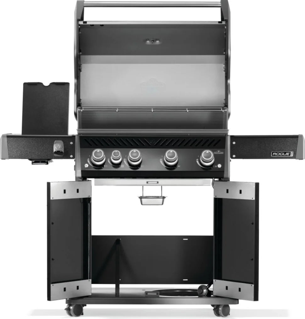 Napoleon Rogue PRO 525 Black Natural Gas Grill features four main burners, infrared side burner, porcelainized cast iron cooking grids, and durable black finish.