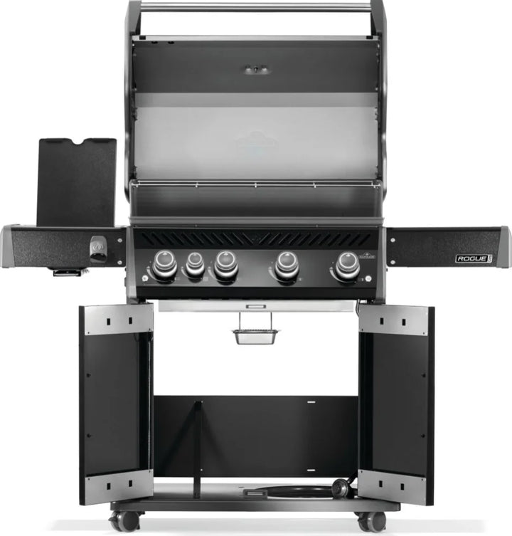 Napoleon Rogue PRO 525 Black Natural Gas Grill features four main burners, infrared side burner, porcelainized cast iron cooking grids, and durable black finish.