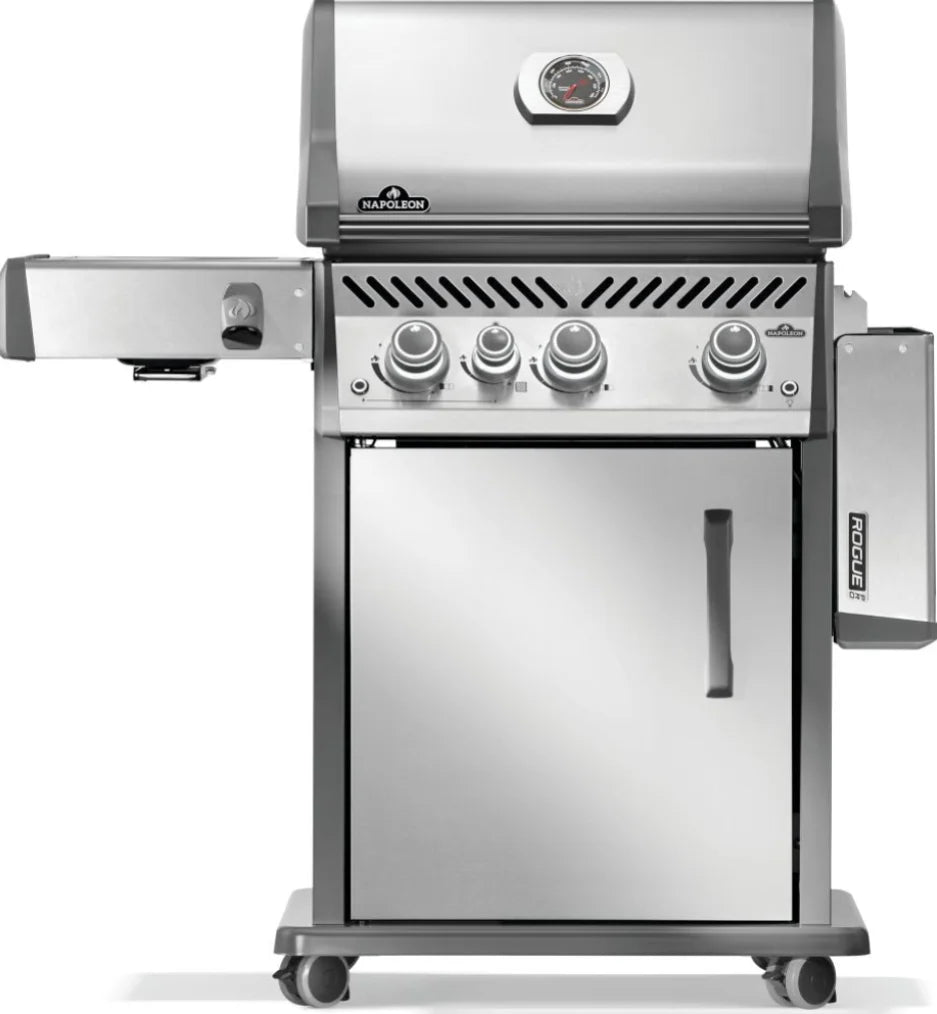 Napoleon Rogue PRO 425 SIB stainless steel propane gas grill featuring three precision-engineered main burners, infrared side burner, and Iconic WAVE cooking grids for exceptional heat distribution and signature sear marks.