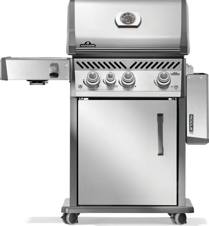 Napoleon Rogue PRO 425 SIB stainless steel propane gas grill featuring three precision-engineered main burners, infrared side burner, and Iconic WAVE cooking grids for exceptional heat distribution and signature sear marks.