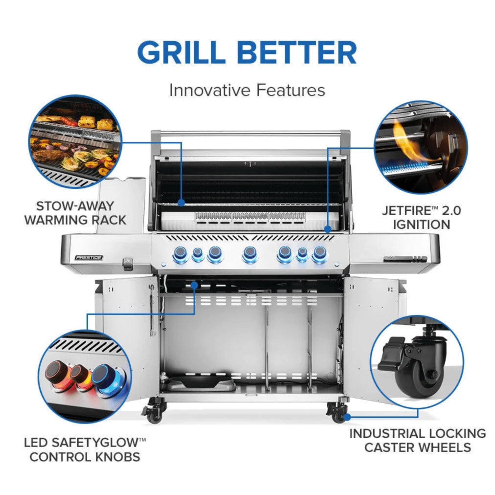 Napoleon Prestige 665 Series Gas Grill features 7 burners, 94,000 BTUs of heat output, and over 1,000 sq. in. of cooking space with stainless steel wave grids for even heating.