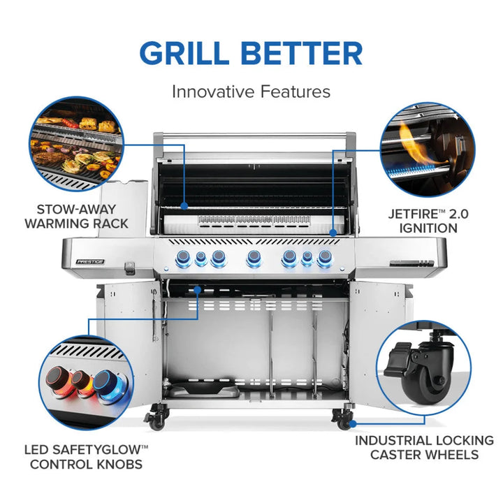 Napoleon Prestige 665 Series Gas Grill features 7 burners, 94,000 BTUs of heat output, and over 1,000 sq. in. of cooking space with stainless steel wave grids for even heating.