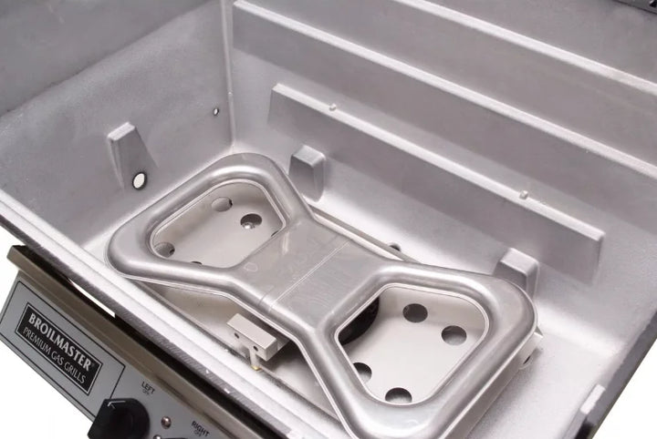Broilmaster Premium Series Package With In-Ground Post features the P3X Premium Grill Head, stainless steel in-ground post, and side drop-down shelf for durable and space-saving installation.