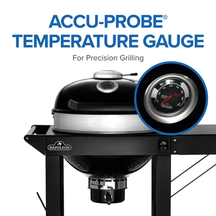 Professional 22' Kettle Grill with Cart, charcoal cooking, porcelain-coated cast iron WAVE grids, three adjustable heights, Vortex Heat Management System, stainless steel extension ring, rotisserie-ready, folding side shelf, weather-proof wheels and heavy steel ash catcher.