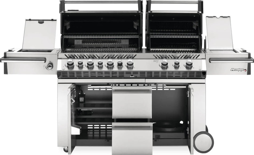 Napoleon Prestige Pro 825 with Side Burner, Infrared Rear & Bottom Burner: Luxurious propane grill with two independent grill heads, side burner, and dual infrared sear zones, crafted from stainless steel with chrome accents, featuring LED Spectrum NIGHT LIGHT control knobs, WAVE cooking grids, and a soft-close storage cabinet.