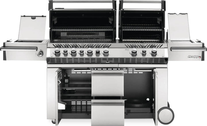 Napoleon Prestige Pro 825 with Side Burner, Infrared Rear & Bottom Burner: Luxurious propane grill with two independent grill heads, side burner, and dual infrared sear zones, crafted from stainless steel with chrome accents, featuring LED Spectrum NIGHT LIGHT control knobs, WAVE cooking grids, and a soft-close storage cabinet.