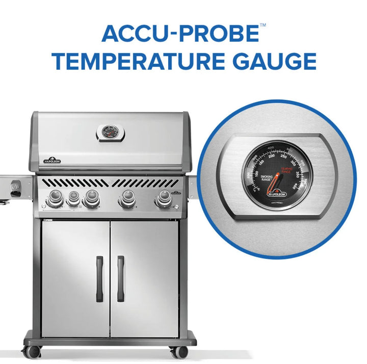 Napoleon Rogue PRO 525 SIB Propane Gas Grill features four main burners, infrared side burner, and ample cooking space for family meals or large gatherings in sleek stainless steel styling.