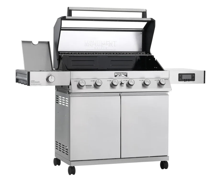 Monument Grills Denali Series D605 Gas Grill - stainless steel construction, 6 high-output burners, 84,000 BTU heat system, ClearView lid, Bluetooth connectivity, digital touchscreen interface, and color-changing LED backlit knobs for smart grilling.