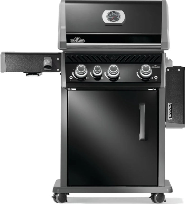 Napoleon Rogue PRO 425 SIB Natural Gas Grill with Infrared Side Burner features premium black finish, porcelainized cast iron cooking grids, and three precision main burners for even heat distribution and signature sear marks.