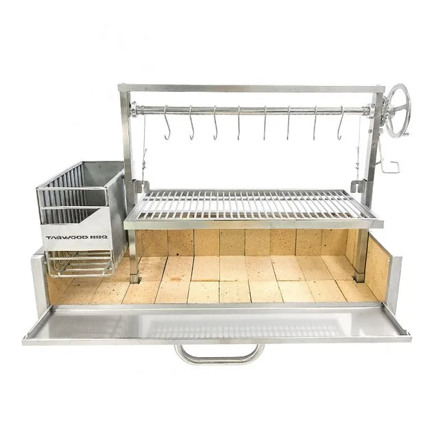 Tagwood Built-In Santa Maria Style Grill (BBQ05SS) - high-end, stainless steel BBQ grill featuring interchangeable griddle, S-shape meat hooks, and gaucho-style firebox with integrated water drain system for authentic Argentine open-fire performance.