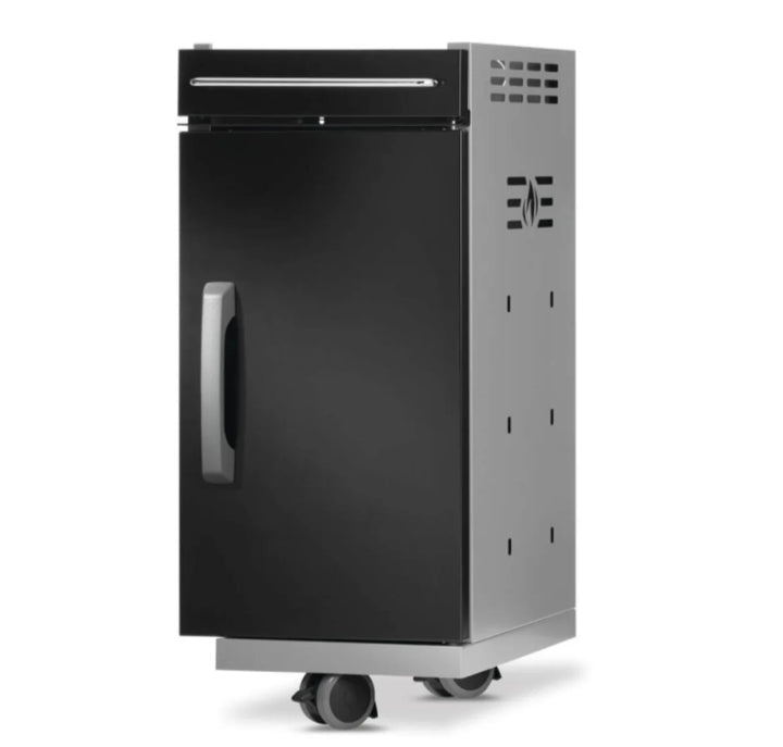 Napoleon Rogue PRO Under Grill Storage Cart in Gloss Black, featuring top drawer, reversible door swing, and locking caster wheels for organized grilling space.