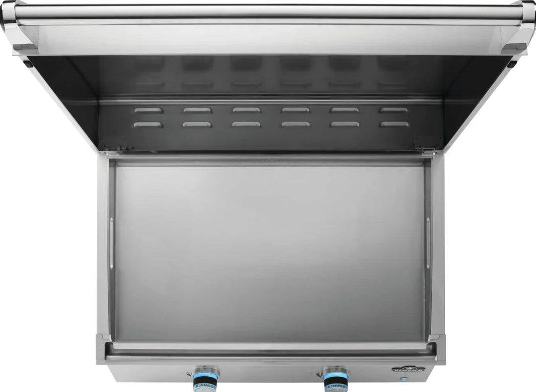 Napoleon Built-In 700 Series 32 Griddle, premium stainless steel construction, dual U-shaped burners, 24,000 BTUs, 500 sq.in. cooking area, one-touch ignition, SafetyGlow Plus control knobs.
