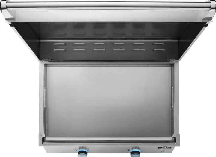 Napoleon Built-In 700 Series 32 Griddle, premium stainless steel construction, dual U-shaped burners, 24,000 BTUs, 500 sq.in. cooking area, one-touch ignition, SafetyGlow Plus control knobs.