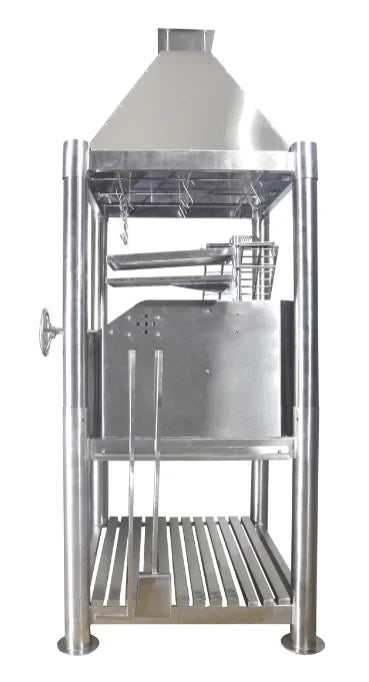 Tagwood 'The Silver Bullet' Santa Maria Style Grill - Stainless Steel, featuring six cooking surfaces, built-in firebox, and height-adjustable grates, crafted from 304 stainless steel for maximum durability.
