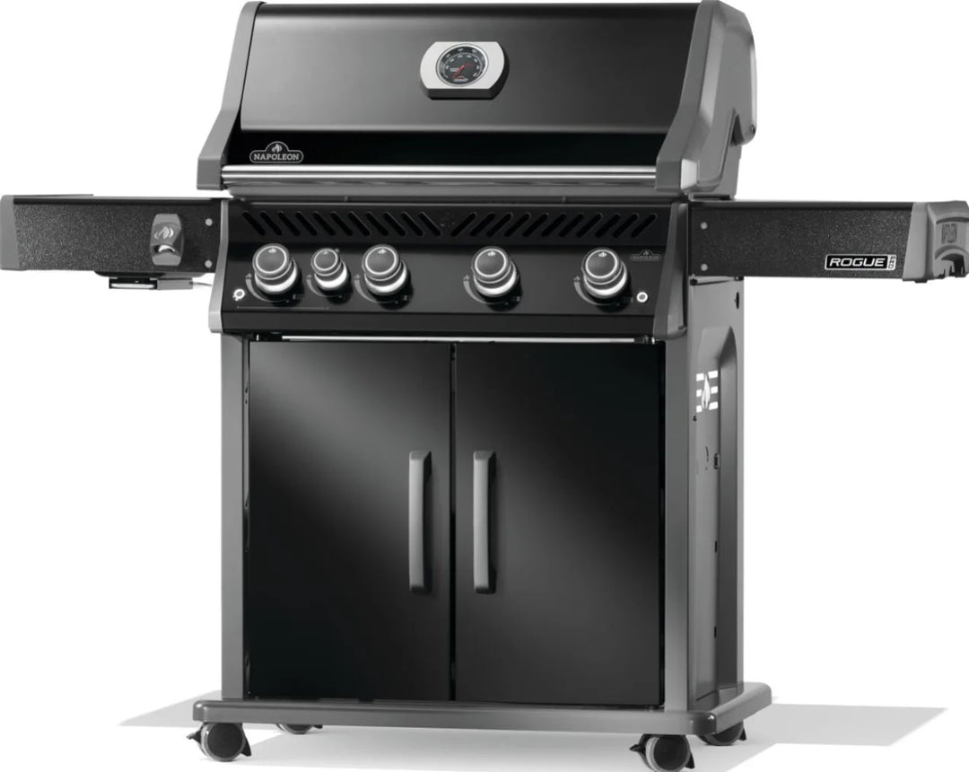 Napoleon Rogue PRO 525 Black Gas Grill with Infrared SIZZLE ZONE side burner, featuring four main burners, porcelainized cast iron cooking grids, and durable black finish for professional-grade performance in outdoor grilling.