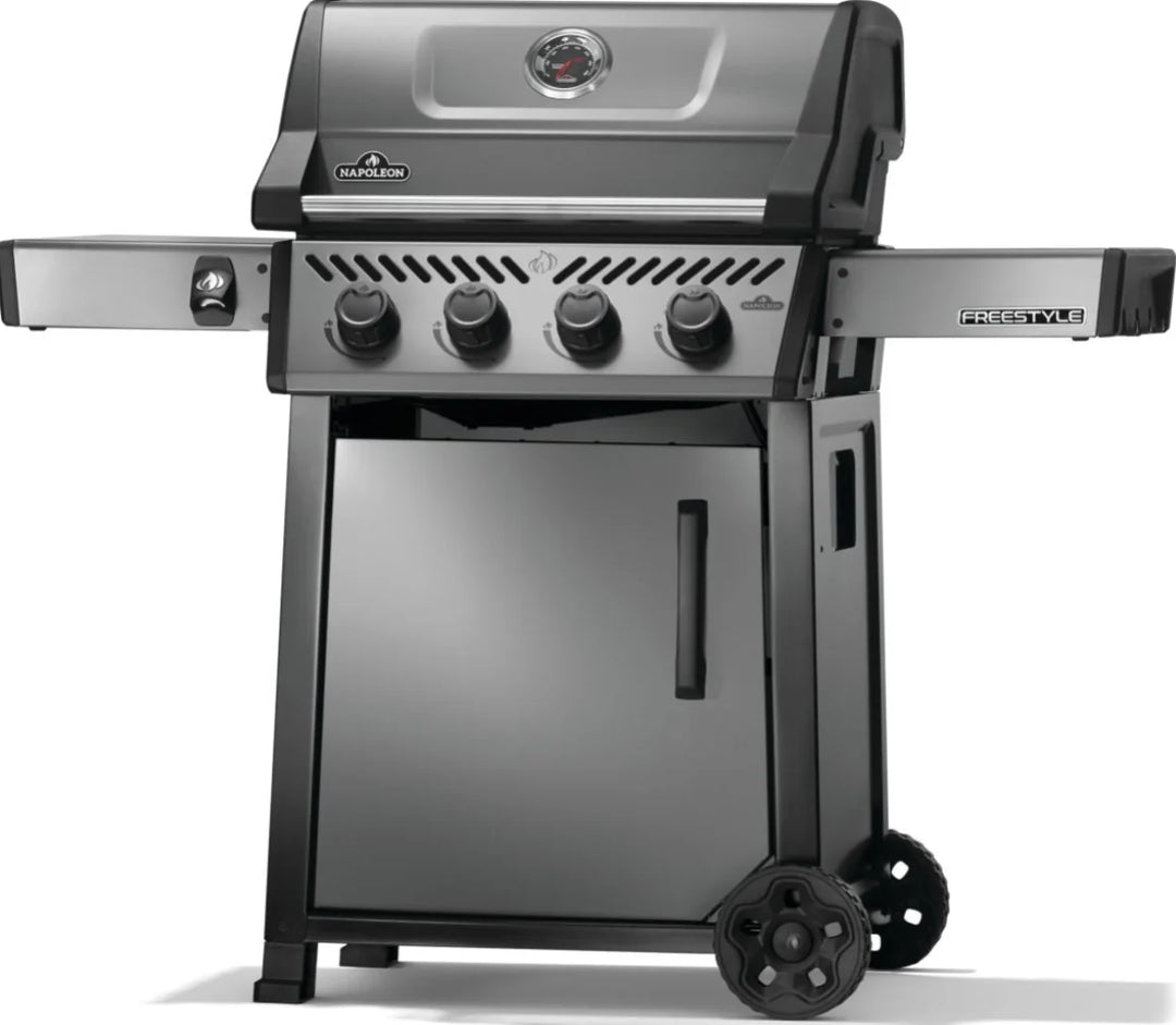 Napoleon 24" Freestyle 425 Gas Grill features four stainless steel burners delivering 38,000 BTUs, JETFIRE ignition system, and cast iron porcelainized cooking grids for even heat distribution.