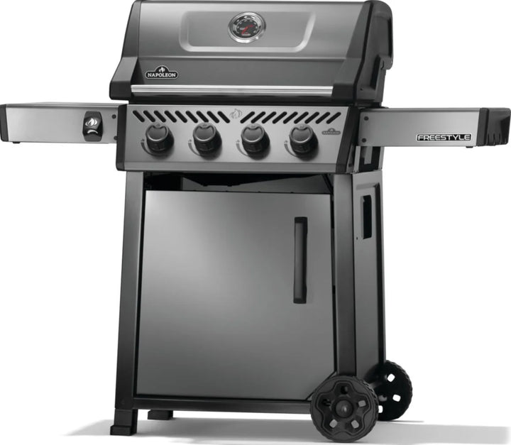Napoleon 24" Freestyle 425 Gas Grill features four stainless steel burners delivering 38,000 BTUs, JETFIRE ignition system, and cast iron porcelainized cooking grids for even heat distribution.