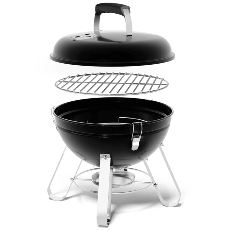 Napoleon Legend 14 Charcoal Portable Kettle Grill with black porcelain-enameled kettle, chrome-plated cooking grid, and divided charcoal basket for versatile grilling on-the-go.