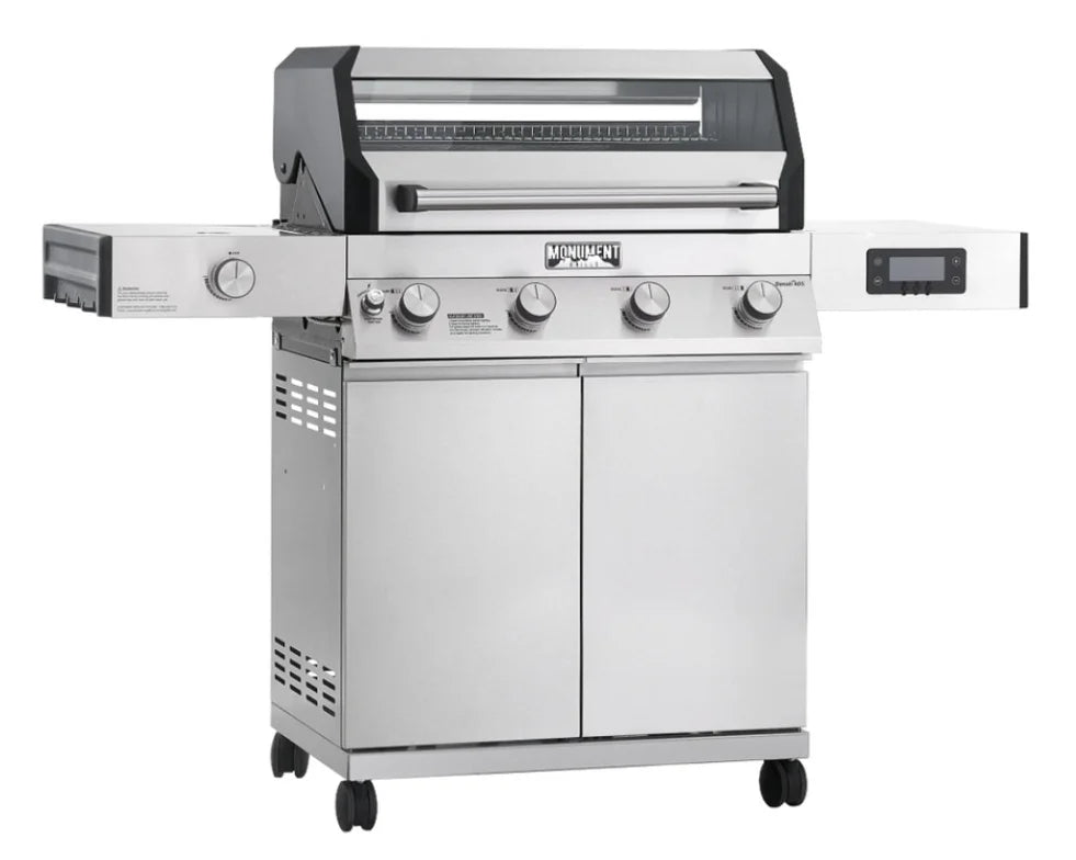 Monument Grills Denali Series D405 Gas Grill - stainless steel smart propane grill featuring four high-performance burners, color-changing LED backlit knobs, and digital touchscreen control with Bluetooth connectivity for precise temperature monitoring and real-time cooking data.
