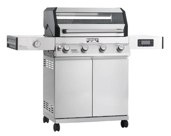 Monument Grills Denali Series D405 Gas Grill - stainless steel smart propane grill featuring four high-performance burners, color-changing LED backlit knobs, and digital touchscreen control with Bluetooth connectivity for precise temperature monitoring and real-time cooking data.