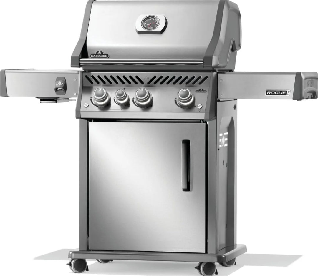 Napoleon Rogue PRO 425 SIB stainless steel propane gas grill features three main burners, Iconic WAVE cooking grids, and an infrared side burner for versatile heat control and signature sear marks.