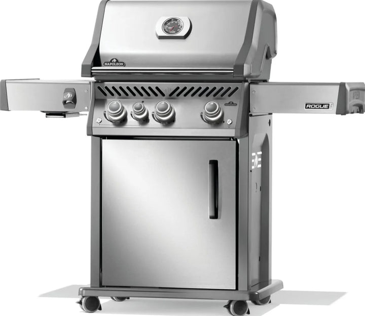 Napoleon Rogue PRO 425 SIB stainless steel propane gas grill features three main burners, Iconic WAVE cooking grids, and an infrared side burner for versatile heat control and signature sear marks.
