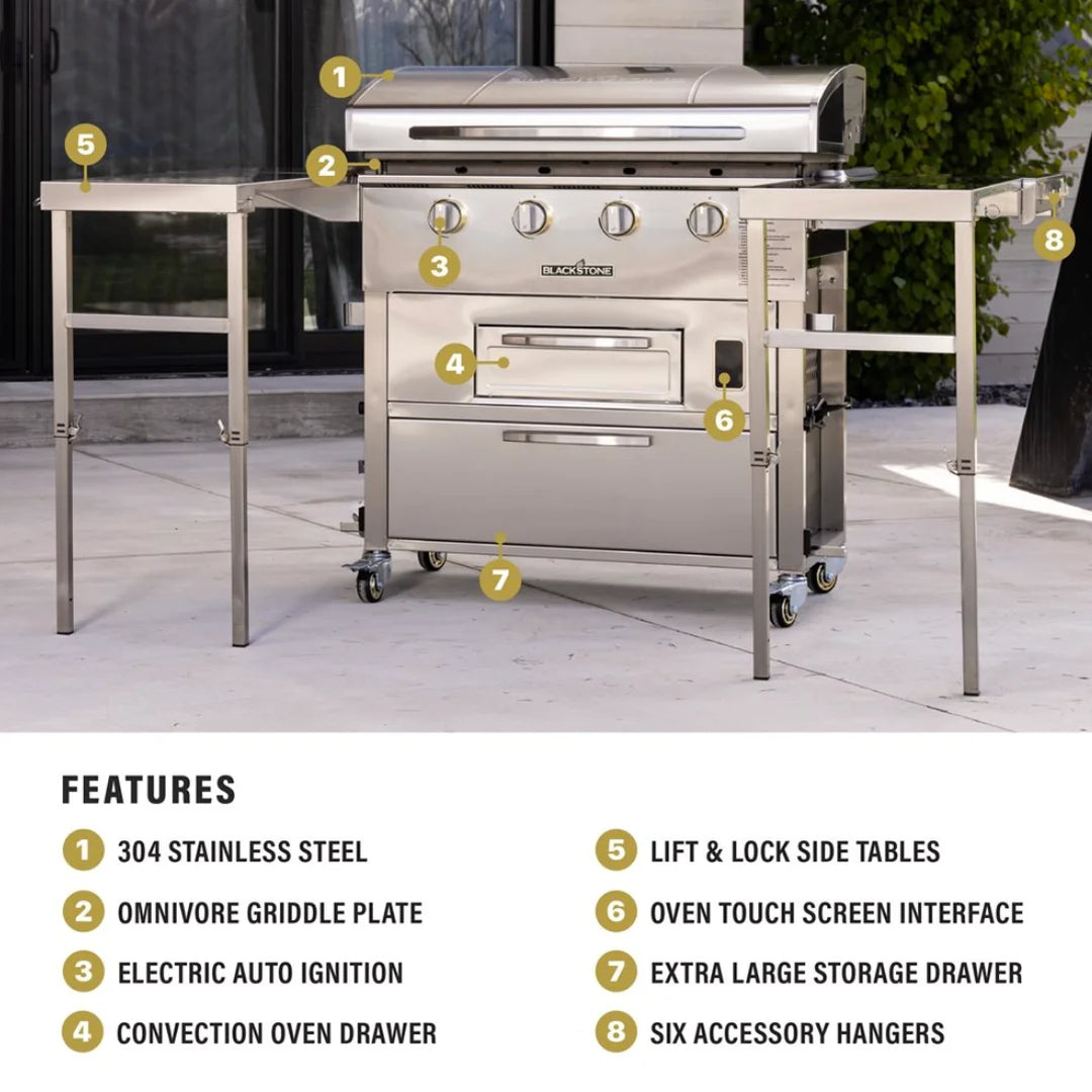 Blackstone Select 36” Griddle & Air Fryer Combo with Dual Side Tables and Storage: A premium outdoor cooking station featuring a 304-grade stainless steel griddle plate with Omnivore Technology for fast heat distribution and four independently controlled heat zones, accompanied by an extra-large storage drawer and dual extendable side tables providing ample prep space.