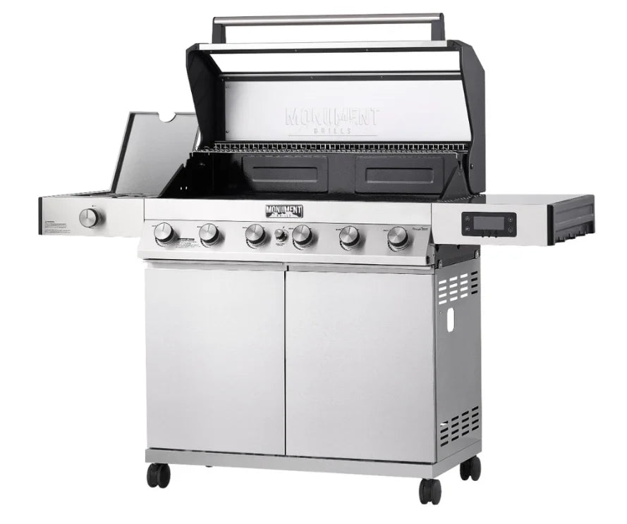 Monument Grills Denali Series D605 Gas Grill - Smart stainless steel grill featuring six high-output burners, 84,000 BTU total heat system, and advanced features like Bluetooth connectivity, digital touchscreen interface, and color-changing LED backlit knobs for a modern grilling experience with exceptional cooking power across 895 sq. in. of total cooking space.