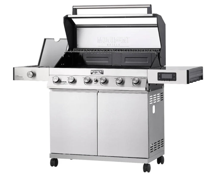 Monument Grills Denali Series D605 Gas Grill - Smart stainless steel grill featuring six high-output burners, 84,000 BTU total heat system, and advanced features like Bluetooth connectivity, digital touchscreen interface, and color-changing LED backlit knobs for a modern grilling experience with exceptional cooking power across 895 sq. in. of total cooking space.