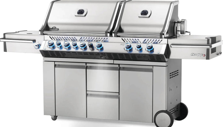 Napoleon Prestige Pro 825 RSBI propane grill features two independent grill heads, powerful side burner, and dual infrared sear zones for high-performance outdoor cooking.