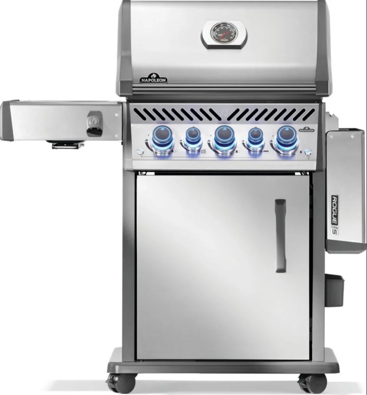 Napoleon Rogue PRO-S 425 RSIB grill features five burners, including infrared side and rear burners, in a compact stainless steel design for professional-grade cooking performance.
