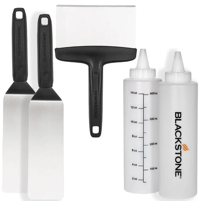 Blackstone 5 Piece Professional Griddle Toolkit featuring two long stainless-steel spatulas for flipping and serving, a beveled edge griddle scraper, and two 16 oz. squeeze bottles for sauces, oils, or water.