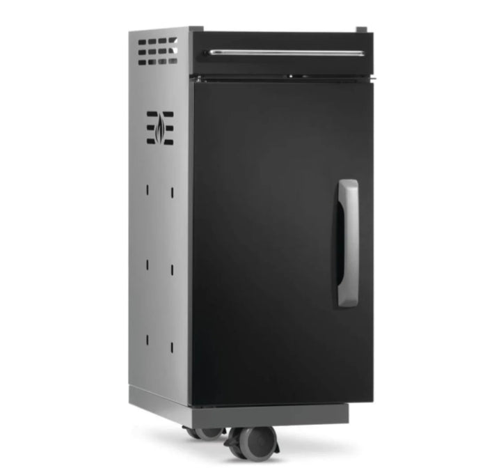 Napoleon Rogue PRO Under Grill Storage Cart in Gloss Black features smooth-rolling locking caster wheels, top drawer for easy access to grilling essentials, and reversible door swing.