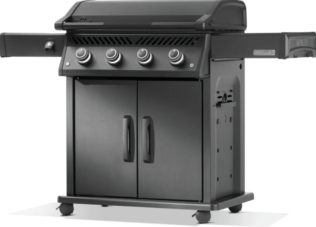 Napoleon Rogue PRO Phantom 30 Inch Griddle featuring matte black finish, rust-resistant stainless steel cooktop, 4 burners delivering 33,600 BTUs of cooking power and integrated prep station with removable caddy.