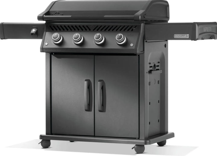 Napoleon Rogue PRO Phantom 30 Inch Griddle featuring matte black finish, rust-resistant stainless steel cooktop, 4 burners delivering 33,600 BTUs of cooking power and integrated prep station with removable caddy.