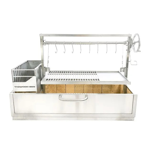 Tagwood's premium Built-In Santa Maria Style Grill, BBQ05SS, made from #304 stainless steel, features three versatile cooking zones: height-adjustable main grate, interchangeable griddle, and S-shape meat hooks.