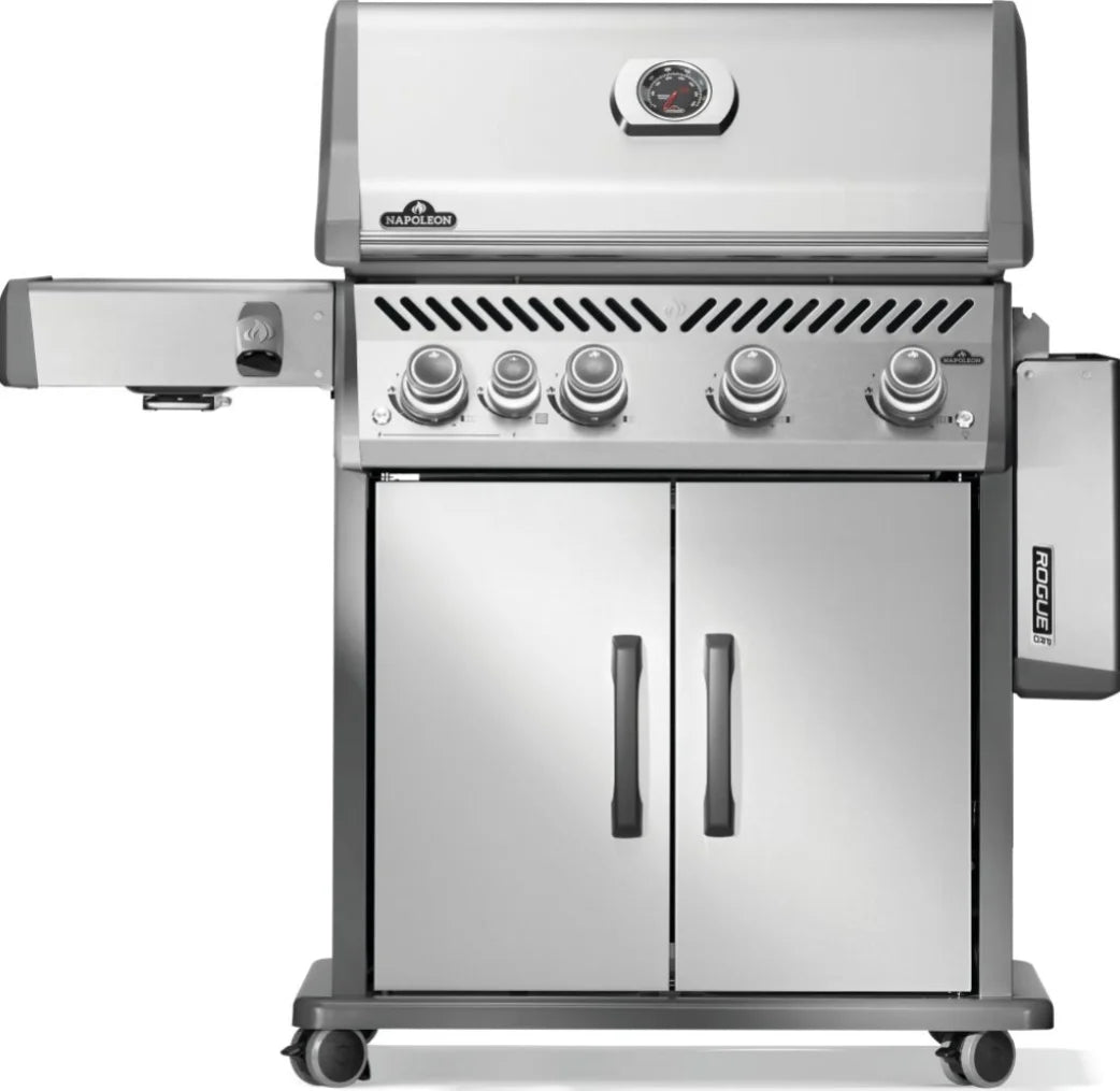 Napoleon Rogue PRO 525 SIB Propane Gas Grill features stainless steel styling, four main burners, infrared side burner for searing, and ample cooking space for large gatherings, perfect for grilling, roasting, smoking, or searing.