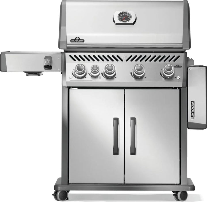 Napoleon Rogue PRO 525 SIB Propane Gas Grill features stainless steel styling, four main burners, infrared side burner for searing, and ample cooking space for large gatherings, perfect for grilling, roasting, smoking, or searing.