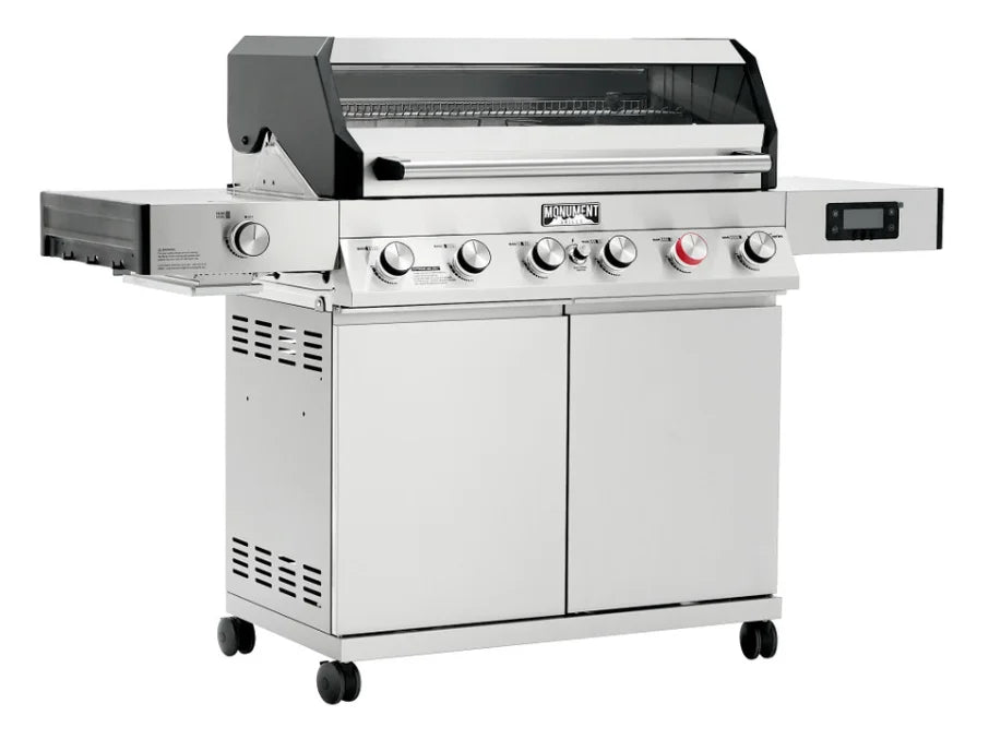 Monument Grills Denali Series D605 Pro Gas Grill featuring stainless steel construction, Blade-Infrared burner system, ceramic infrared sear burner, six high-output burners, and 84,000 BTU total performance.