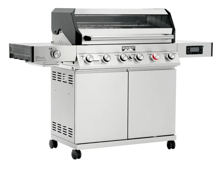 Monument Grills Denali Series D605 Pro Gas Grill featuring stainless steel construction, Blade-Infrared burner system, ceramic infrared sear burner, six high-output burners, and 84,000 BTU total performance.