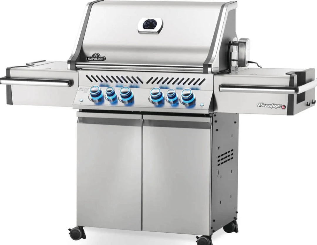 Napoleon Prestige Pro 500 RSIB luxury propane gas grill features six powerful burners, including infrared rear and side burners, for high-end performance and durability.