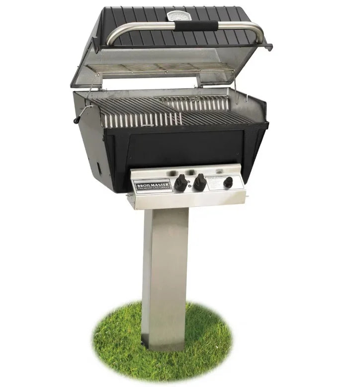 Broilmaster Premium Series Package With In-Ground Post featuring P3X Premium Grill Head, stainless steel in-ground post, and side drop-down shelf for exceptional cooking versatility in 695 sq. in. total cooking area with 40,000 BTU Stainless Steel Bow Tie Burner.