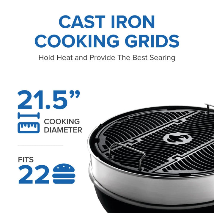 Napoleon Professional 22" Kettle Grill with Cart, charcoal-fueled grill featuring porcelain-coated cast iron cooking grids, hinged lid, and weather-proof wheels.