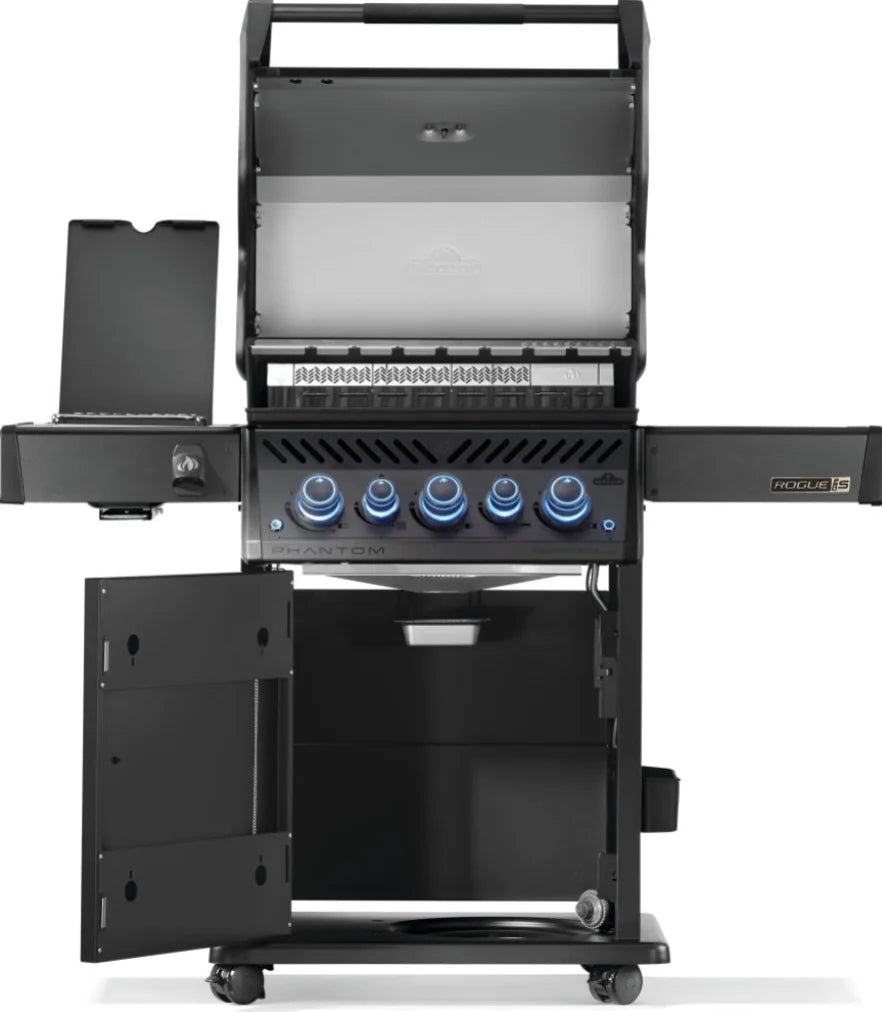 Napoleon Phantom Rogue PRO-S 425 RSIB - Matte Black grill features five burners, including an infrared rear rotisserie burner and SIZZLE ZONE side burner, for versatile outdoor cooking with a luxurious matte black finish.