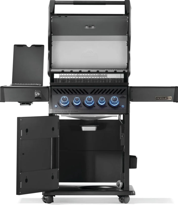 Napoleon Phantom Rogue PRO-S 425 RSIB - Matte Black grill features five burners, including an infrared rear rotisserie burner and SIZZLE ZONE side burner, for versatile outdoor cooking with a luxurious matte black finish.