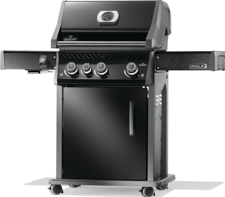 Napoleon Rogue PRO 425 SIB with Premium Black Finish: High-performance natural gas grill featuring three precision burners, porcelainized cast iron grids for even heat and signature sear marks, and an integrated infrared side burner for steakhouse-level temperatures and sauces.